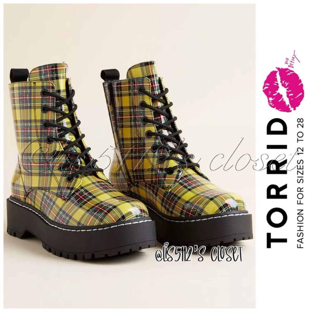 Torrid x Betsey Johnson Yellow Plaid Combat Bootie Boots 7 Wide Width 7WW